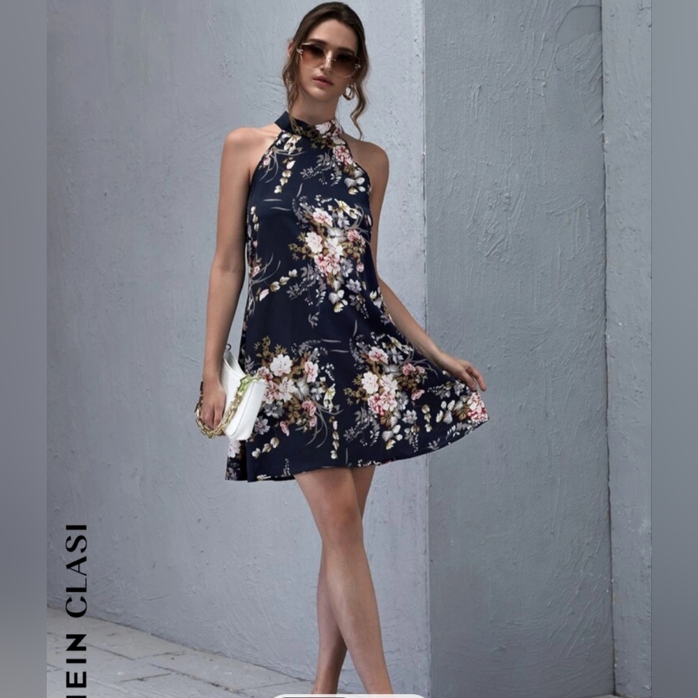 Shein blue floral print halter dress